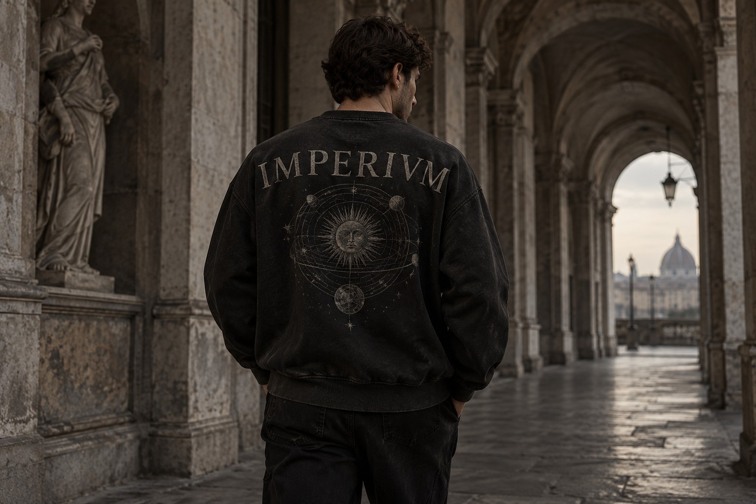 Propuesta editorial IMPERIVM: sudadera negra en un entorno de piedra